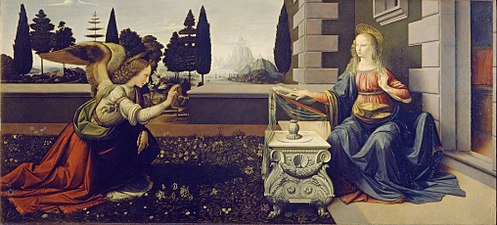 Peinture. Dans un jardin, l'ange s'incline devant Marie assise devant le seuil d'un bâtiment.