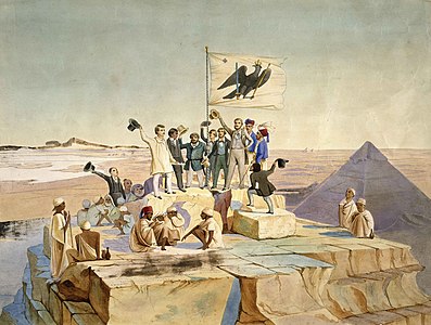 Els membres de l'Expedició prussiana a Egipte celebren l'aniversari de Frederic Guillem IV en el cim de la Gran Piràmide de Guiza