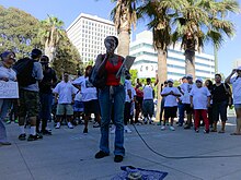 A protester speaks at the August 17 demonstration Los Angeles protest, August 17, 2014.jpg