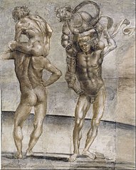 Two nude youths carrying a young woman and a young man