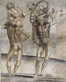Signorelli paid great attention to anatomy. Two nude youths carrying a young woman and a young man