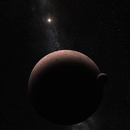 An artist's interpretation of the dwarf planet Makemake, depicted with its reddish surface and its moon