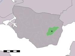 The town centre (dark green) and the statistical district (light green) of Kwadendamme in the municipality of Borsele.