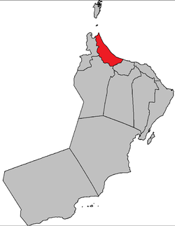 Al-Batinan pohjoisen ja eteläisen kuvernementtin sijainti Omanin sulttaanikunnassa.