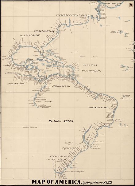 Detall de la costa americana, mapa del cartògraf Diego Ribeiro de 1529, on la part sud de la costa est dels actuals EUA porta el nom de «Terra de Ayllón».