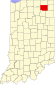 Harta statului Indiana indicând comitatul Noble