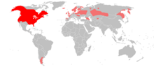 Območje razširjenosti v svetu; rdeče: avtohton, rožnato: vnešen