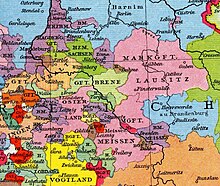 Anhalt (Gft. Anhalt
, orange) and the Wittenberg lands of the Duchy of Saxony (Hzm. Sachsen
, dark green) around the middle of the 13th century. Mark Lausitz, Karte Anno 1200.jpg