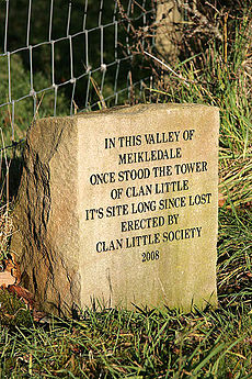 Marker for the now-gone tower of Clan Little, Meikledale Valley Marker for the Tower of Clan Little.jpg