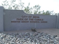 Entrance to the Park of the Canals located at 1710 N Horne Ave.and listed in the National Register of Historic Places on May 30, 1975, reference number 75000350. Mesa-Park of the Canals-Entrance.JPG