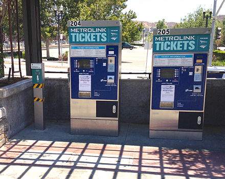 Metrolink ticket vending machines. Machines also sell tickets for Amtrak trains and the FlyAway Bus to Los Angeles International Airport.