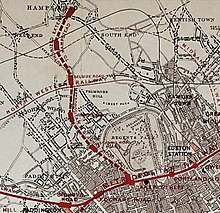 Metropolitan & St John's Wood Railway between Baker Street and Hampstead from a Metropolitan Railway map, circa 1867 (full map) Metropolitan and St John's Wood Railway, circa 1867.jpg