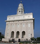 Newly constructed Nauvoo Temple. Front facade, upward looking