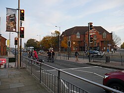 A last look at a set of traffic lights on Castle Street, Kingston upon Hull, soon to be replaced by a newly-installed footbridge over Castle Street.