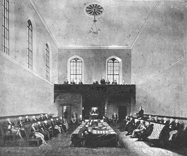 First meeting of the NSW Legislative Council in Parliament House, 1843 (chamber now the Legislative Assembly).