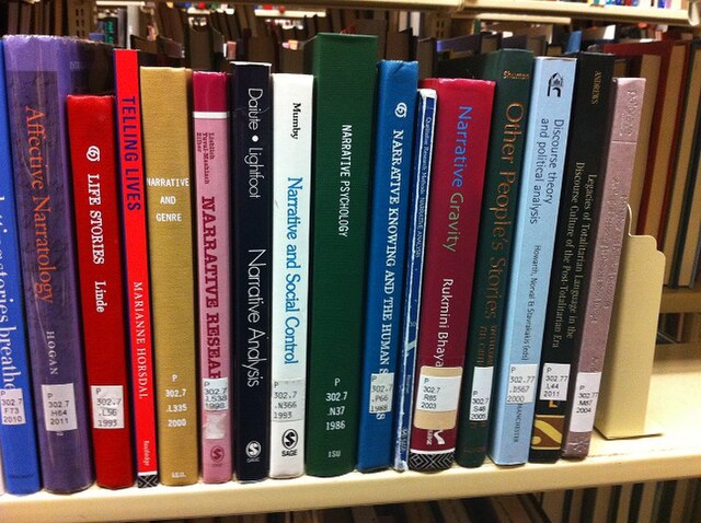 Books about narrative on a library shelf