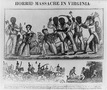 Nat Turner's slave rebellion, woodcut, 1831, from the book, Authentic and Impartial Narrative of the Tragical Scene Which Was Witnessed in Southampton County, Library of Congress