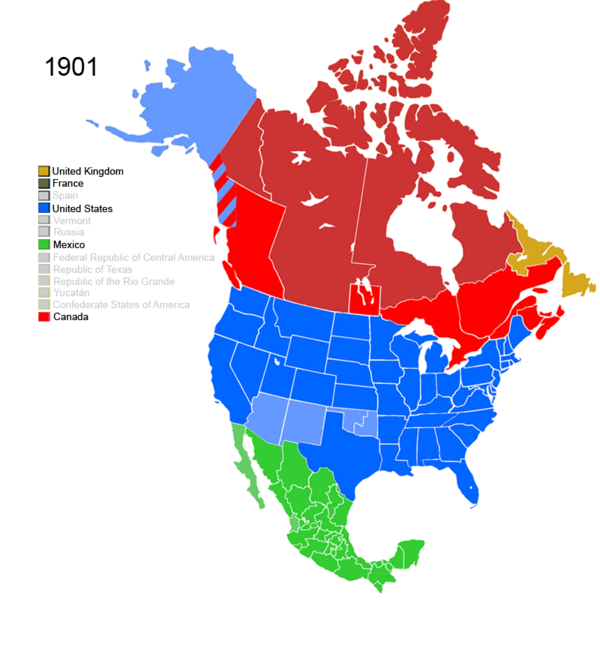 Map showing Non-Native American Nations Control over N America c. 1901