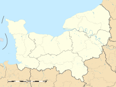 Mapa konturowa Normandii, po prawej nieco u góry znajduje się punkt z opisem „Lyons-la-Forêt”