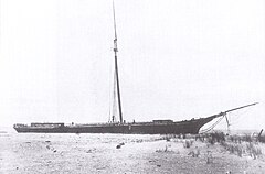 The ship O. D. Witherell aground 3½ miles (5.6 kilometers) south of Bethany Beach on April 21, 1911. Built in 1874, she had been on a voyage from New York City to Philadelphia, Pennsylvania.[59]