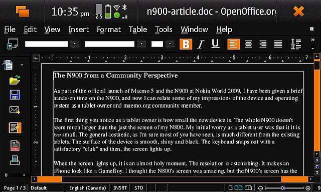 OpenOffice.org running on Maemo 5 using Easy Debian