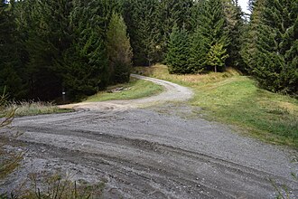 Wegkreuzung am Pöllasattel, links abwärts der Weg nach Westen in den Schladnitzgraben.