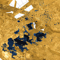 Synthetic aperture radar mosaic of Titan's north polar region, showing hydrocarbon seas and lakes