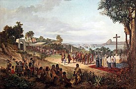 Founding of Rio de Janeiro in 1565. Sugarloaf is seen in the background.