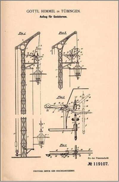 Patentschrift Nr 119107 - Gottl. Himmel in Tübingen - Aufzug für Gaslaternen.jpg