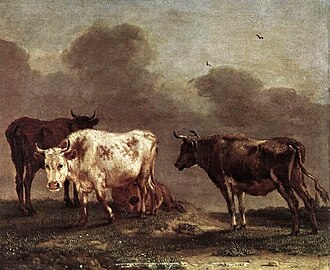 Four Cows in a Meadow label QS:Lde,"Vier Kühe auf der Weide" label QS:Len,"Four Cows in a Meadow" label QS:Lpl,"Cztery krowy na łące" label QS:Lnl,"Vier koeien in een wei" 1651. oil on panelmedium QS:P186,Q296955;P186,Q106857709,P518,Q861259. 25 × 30 cm (9.8 × 11.8 in).Amsterdam, Rijksmuseum Amsterdam.