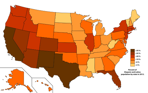 Percent of Hispanic and Latino population by state in 2012