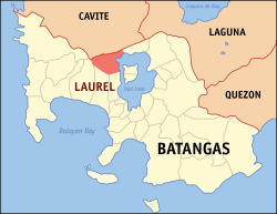 Mapa ng Batangas na nagpapakita sa lokasyon ng Laurel.
