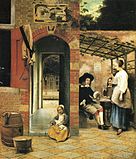 『あずまやのある中庭で酒を飲む人々』（Figures Drinking in a Courtyard, 個人蔵, 1658年）。旧ヒエロニムスダール修道院へつながる通路である聖ヒエロニムスポールトの入口にある1614年の年号が刻まれた石の表札ないし銘板がみられる絵である。すなわち『デルフトの中庭』と同じ場所を描いている。