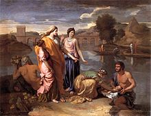 Poussin, 1638, Louvre, with the male "swimmer" from Josephus, and a personification of the Nile at left. Poussin finding of moses 1638.jpg