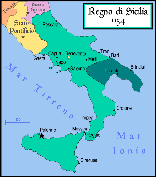 Approximate area of the Principality of Taranto within the Kingdom of Sicily, c. 1154