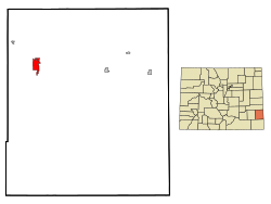 Prowers County Colorado Incorporated and Unincorporated areas Lamar Highlighted.svg