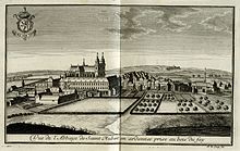 An 18th-century view of Saint-Hubert Remacle le Loup - Vue de l'abbaye de Saint Hubert en Ardennes.jpg