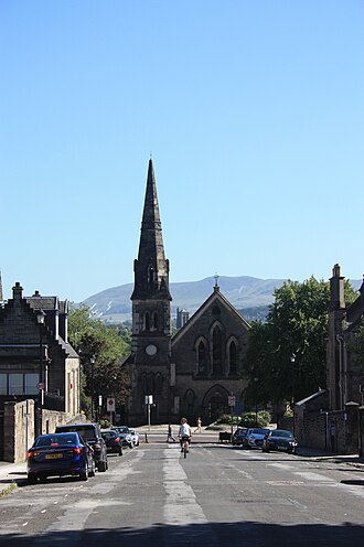 Roseburn Free Church with the Pentland Hills behind Roseburn Free Church, Wester Coates, Edinburgh.jpg