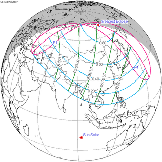 <span class="mw-page-title-main">Solar eclipse of November 3, 2032</span> Future solar eclipse