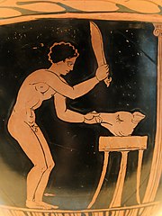 Sur un fond noir se détache le profil ocre d ' un jeune homme tenant de la main gauche le groin d'une tête de porc posée sur un tabouret, et de la droite un long couteau, haut levé et près à s'abattre sur la hure. 
