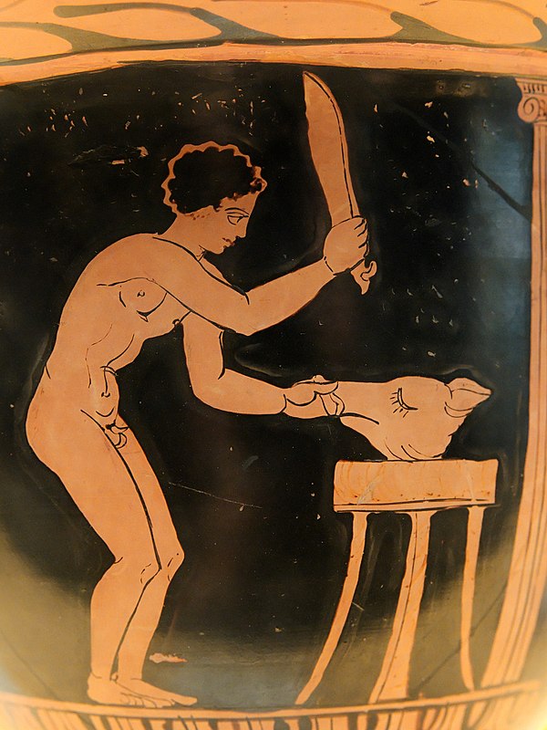Young man preparing a pig's head after a sacrifice. Vase v. 360–340 BC, National Archaeological Museum of Spain.