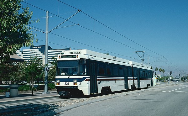 A UTDC-built LRV arriving at Old Ironsides station in 1993. These high-floor cars were replaced in 2003.