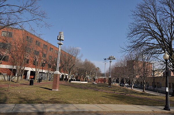 Seven Hills Park at Davis Square. The towers in the park each represent one of the city's original hills.