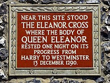 Plaque on the Clock Tower, St Albans Site of Eleanor Cross (St Albans).jpg