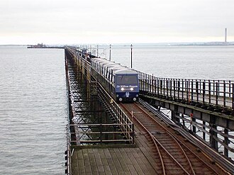 A diesel passenger train built by Severn Lamb running on the Southend Pier Railway in England. Southend Pier railway-100D2763.JPG