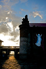 The elevated walkway connecting the convent to the church