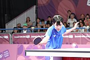 Deutsch: Tischtennis bei den Olympischen Jugendspielen 2018; Tag 9, 15. Oktober 2018; Mixed, Finale, Mixed-Doppel – Miu Hirano (JPN) gegen Sun Yingsha (CHN) 2:3 English: Table tennis at the 2018 Summer Youth Olympics at 15 October 2018 – Mixed Final, Mixed-Double – Miu Hirano (JPN) Vs Sun Yingsha (CHN) 2:3