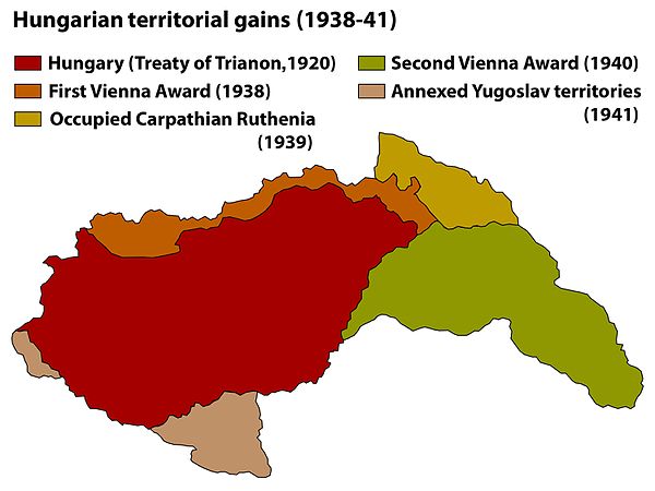 The territorial gains of Hungary in 1938–41. The occupied then annexed areas of Yugoslavia are shown in tan in the south (Bačka and Baranja) and west 