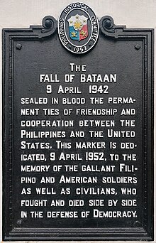 Fall of Bataan historical marker, Bataan Provincial Capitol grounds The Fall of Bataan 9 April 1942 PHC historical marker.jpg