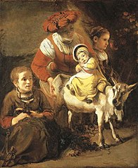 A young Woman with a Child riding on a Goat